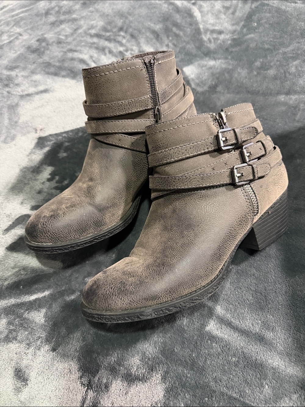 Womens Taupe Buckle Strap Ankle Booties with Block Heel